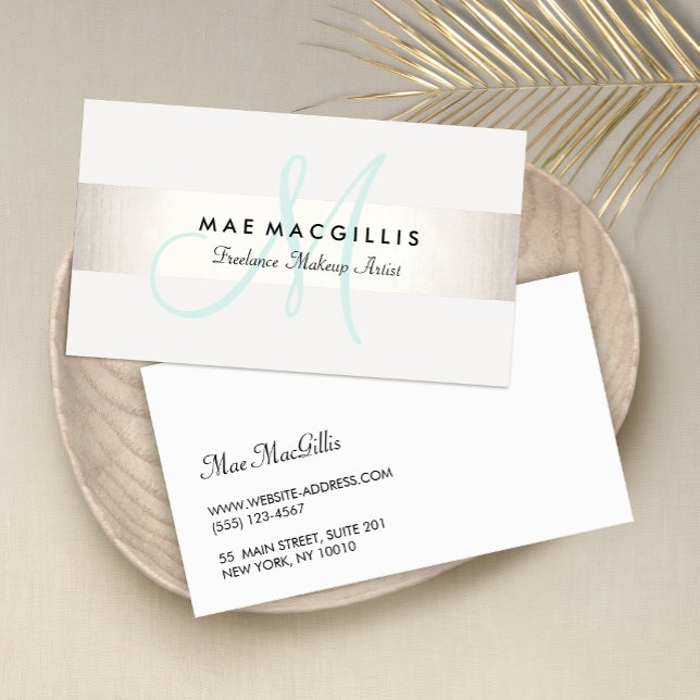 Carte De Visite Simple Aqua Monogram Moderne FAUX Argent strié (Créateur téléchargé)