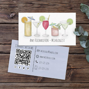 Carte De Visite Simple Aquarelle Cocktails Boissons Bartender
