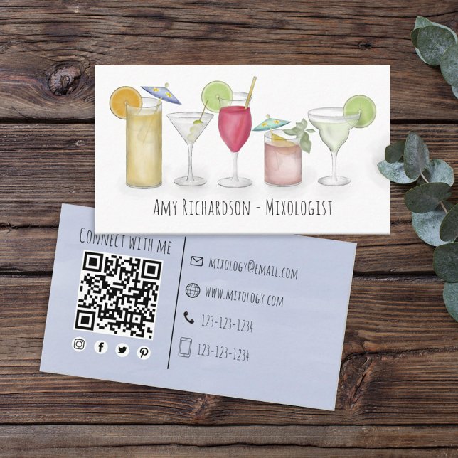 Carte De Visite Simple Aquarelle Cocktails Boissons Bartender (Créateur téléchargé)