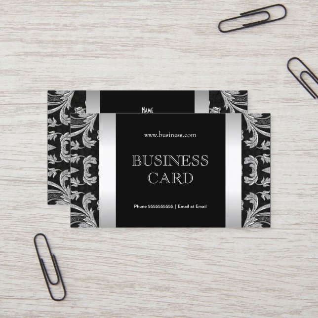 Carte De Visite Simple Argent Noir Floral Damask 2 (Devant/Arrière en situation)