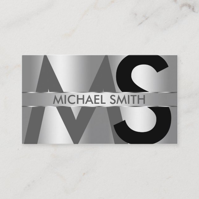 Carte De Visite Simple Argent sur Argent Monogramme et Plaque de N (Devant)