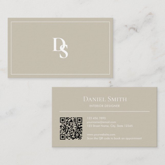 Carte de visite simple beige avec code QR et initi (Devant / Derrière)