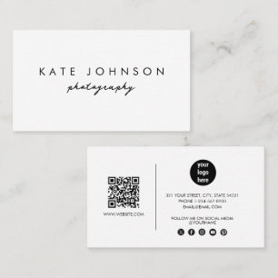 Carte De Visite Simple Blanc Moderne Script QR Code Médias sociaux