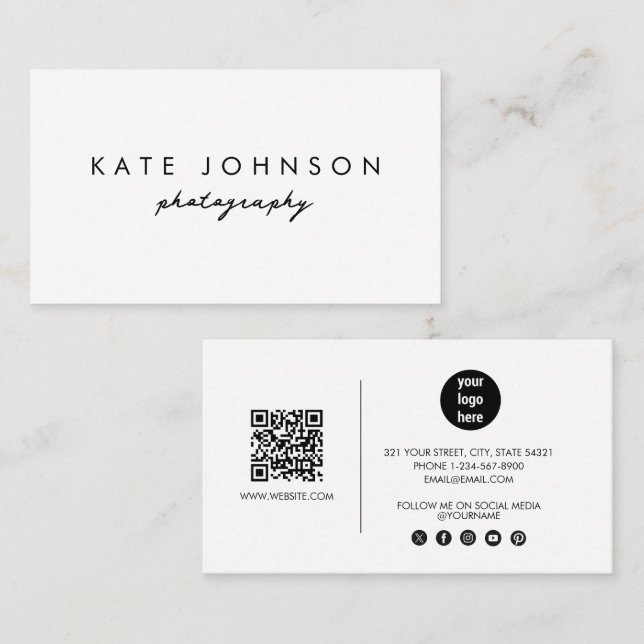 Carte De Visite Simple Blanc Moderne Script QR Code Médias sociaux (Devant / Derrière)