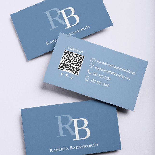 Carte De Visite Simple Blue Monogram QR Code | Connect with Me (Blue and white style business card template with simple monogram.)