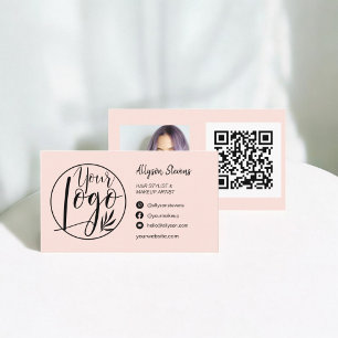 Carte De Visite Simple blush rose cheveux maquillage photo logo qr