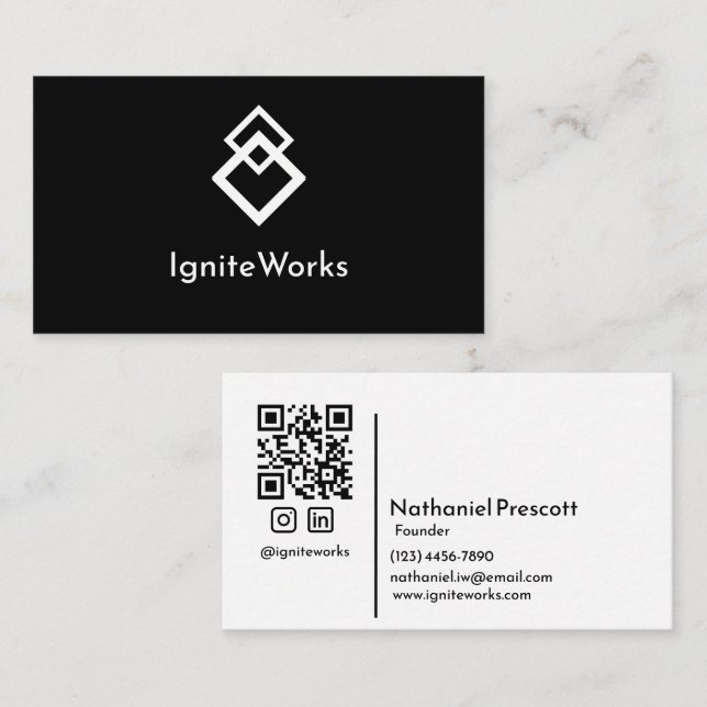 Carte De Visite Simple Bold Moden Slee Look noir blanc QR Code (Devant / Derrière)