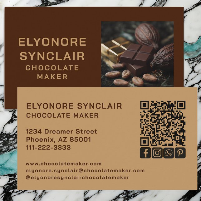 Carte De Visite Simple Brown Chocolate Maker Cacao Photo Social QR (Créateur téléchargé)