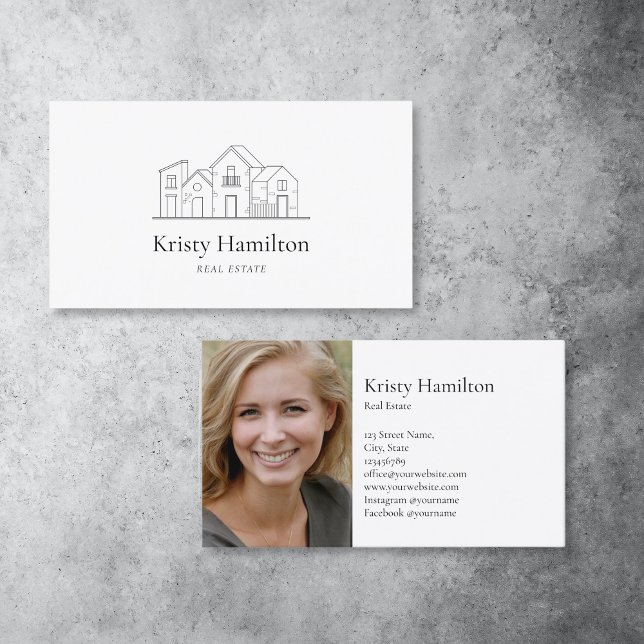 Carte De Visite simple chic immobilier maison professionnelle phot (simple minimalist black and white houses real estate logo)