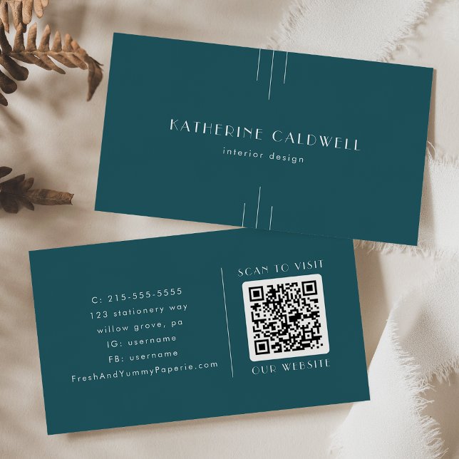 Carte de visite simple code QR Art Déco paon sarce (EVERLY Simple Retro Art Deco Peacock Teal QR Code Business Card)