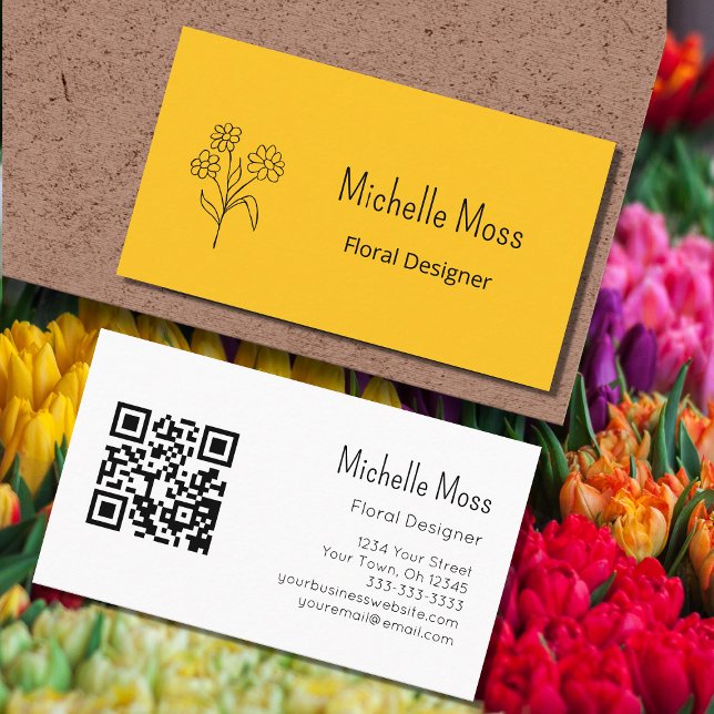 Carte De Visite Simple Daisy QR code Gold Floral Designer (Créateur téléchargé)
