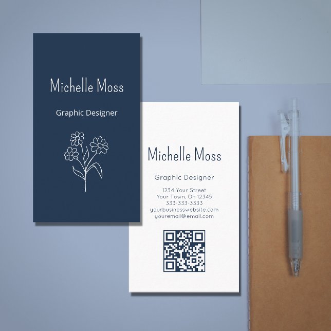 Carte De Visite Simple Daisy QR code Navy Blue Graphic Designer (Créateur téléchargé)