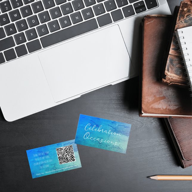 Carte De Visite Simple effet de marbre turquoise et bleu QR Code (Back And Front)