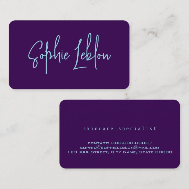 Carte De Visite Simple Élégant Bleu Calligraphie Violet (Devant / Derrière)