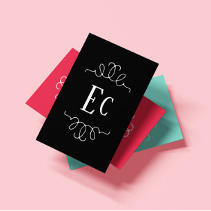 Carte De Visite Simple Elegant Boho Blanc Cadre Monogramme Noir