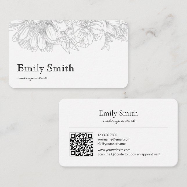 Carte De Visite Simple Elegant Gray Floral Line Art QRCode (Devant / Derrière)