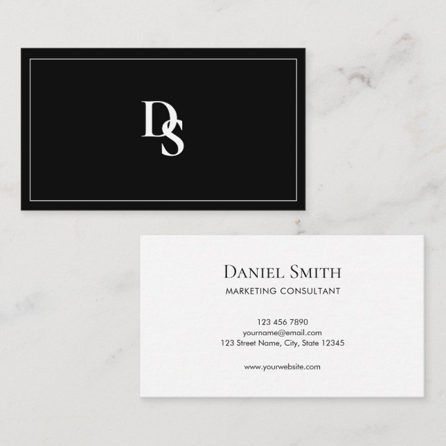 Carte De Visite Simple Élégant Monogramme Initial Noir et Blanc (Devant / Derrière)