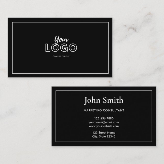 Carte De Visite Simple Élégant Noir et Blanc avec Logo (Devant / Derrière)