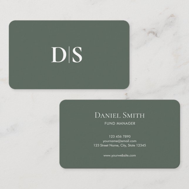 Carte De Visite Simple Elegant Professionals Muted Green Initials (Devant / Derrière)