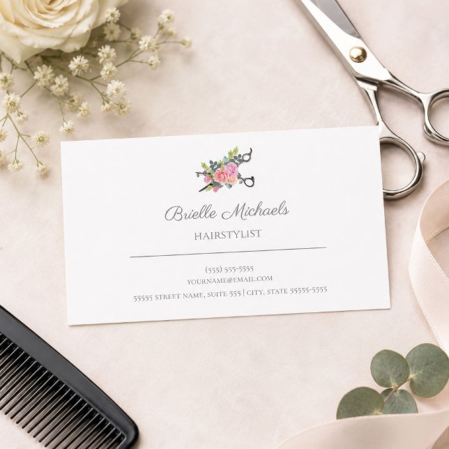 Carte De Visite Simple Elegant Rose Ciseaux Ciseaux de cheveux Sty (Floral Scissors Hairstylist Minimal Business Card
)