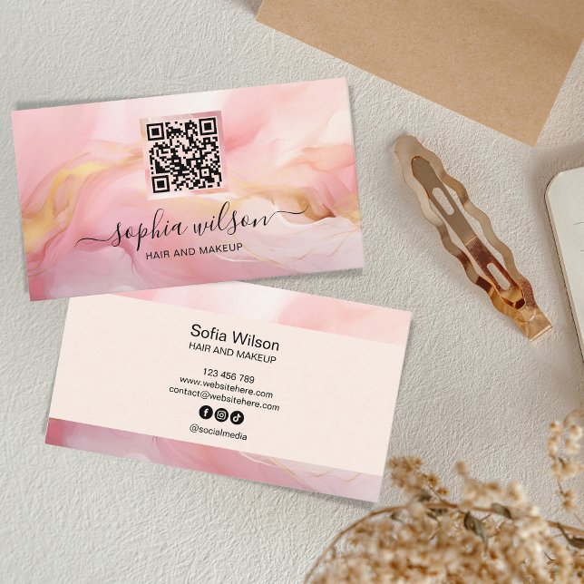 Carte De Visite Simple Élégant Social Media Blush Pink QR Code (Créateur téléchargé)