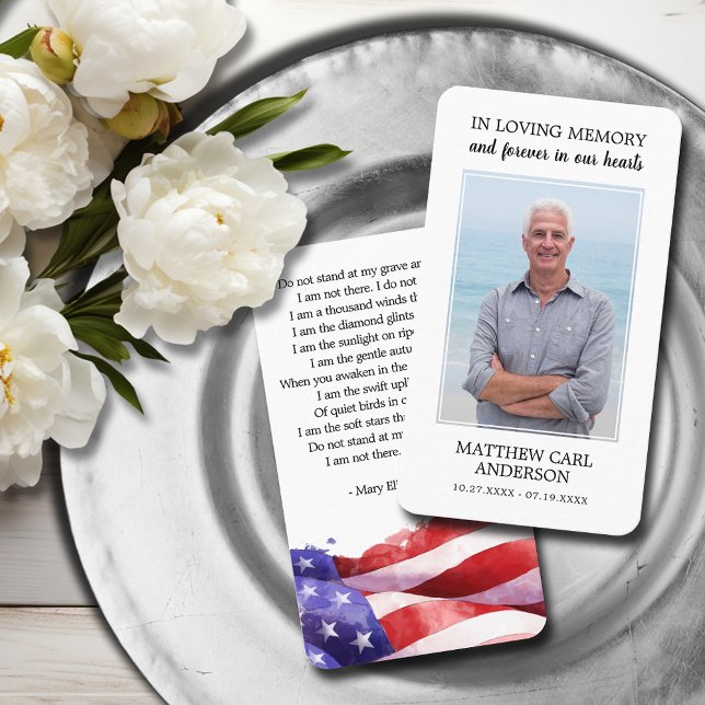 Carte De Visite Simple Funeral Memorial Photo US Flag Prayer Card (United States flag funeral photo memorial prayer cards with a poem on the back)