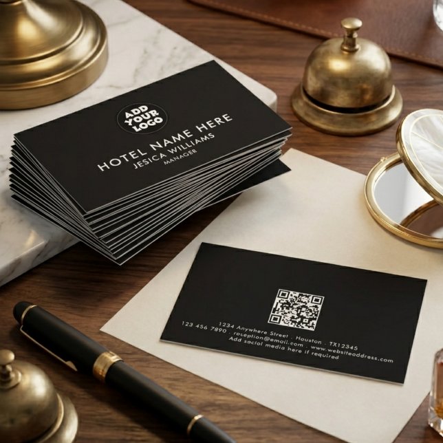 Carte De Visite Simple Hotel Logo Name with Job Title Qr Code (Créateur téléchargé)