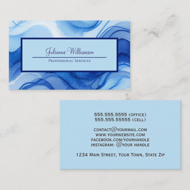 Carte De Visite Simple lignes aquarelles ondulées bleue royale et  (Devant / Derrière)