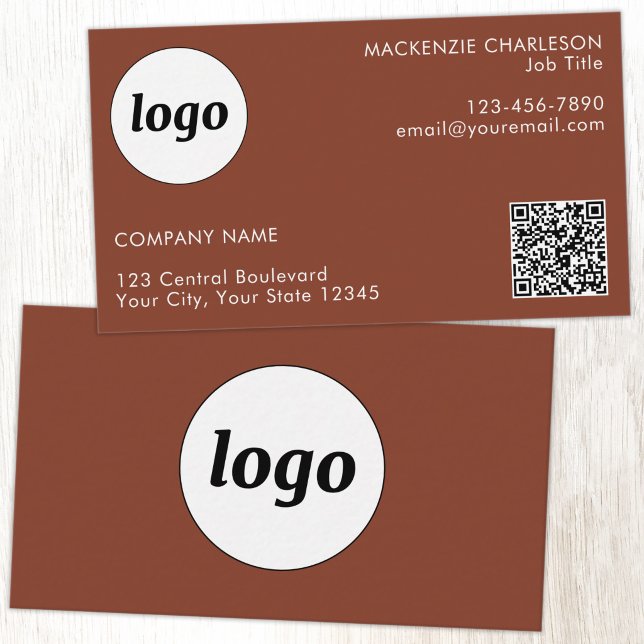 Carte De Visite Simple Logo and Text QR Code Terracotta (Simple logo with custom text business branding promotional QR code terracotta business card)