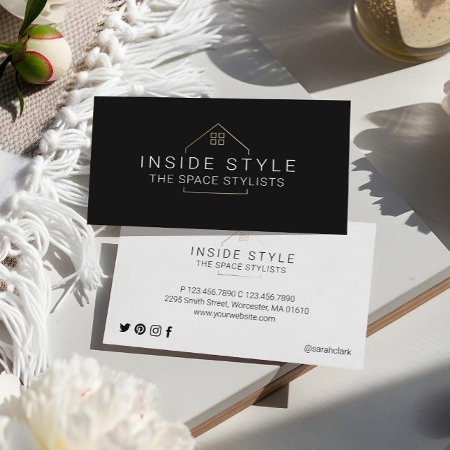 Carte De Visite Simple Logo de mise en scène de maison moderne noi (Simple Modern Home Staging Logo Black Business Card)