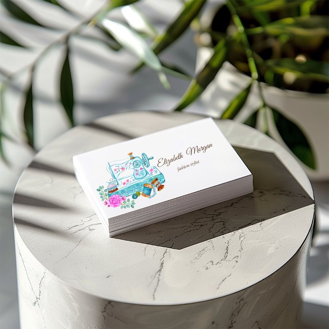 Carte De Visite Simple machine à coudre florale à l'aquarelle bleu (Créateur téléchargé)