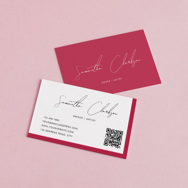 Carte De Visite Simple Magenta Hot rose manuscrit code QR (Créateur téléchargé)