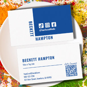 Carte De Visite Simple médias sociaux QR Code Bleu