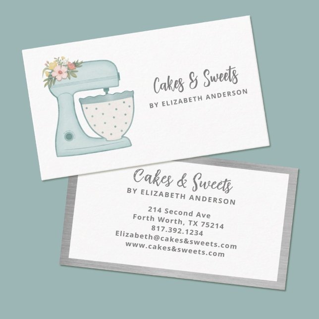 Carte de visite simple mélange floral pâtisserie (A pretty blue polkadot mixer with flowers decorates this bakery business card.)