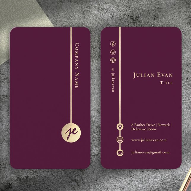 Carte De Visite Simple Minimal Monogramme Élégant Bordeaux et Or (Simple Minimal Monogram Elegant Burgundy Wine Gold Business Card)