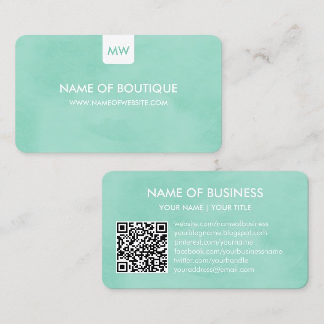 Carte De Visite Simple Mint Chic Boutique Monogram Médias Sociaux (Devant / Derrière)
