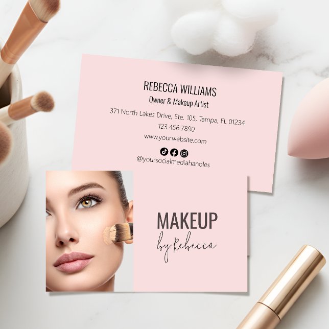 Carte De Visite Simple Modern Blush Pink Photo Social Icons Makeup (Modern blush pink calligraphy script business card - perfect for making a great first impression!)