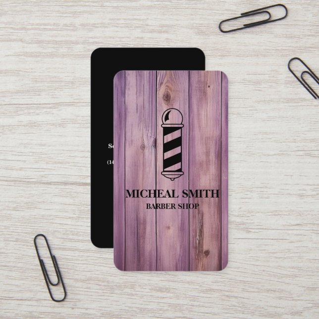 Carte De Visite Simple Moderne Boutique de Coiffeur en Bois Rustiq (Devant/Arrière en situation)
