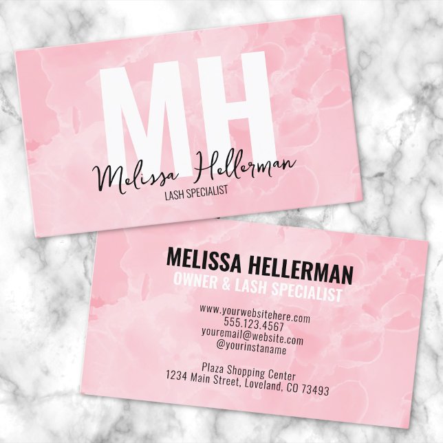 Carte De Visite Simple Moderne Marbre Rose Blush Monogramme (Chic Elegant Pink Marble Watercolor Monogram Business Card)