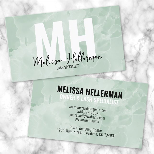 Carte De Visite Simple Moderne Vert Sauge Monogramme (Modern Minimal Watercolor Sage Green Monogram Business Card)