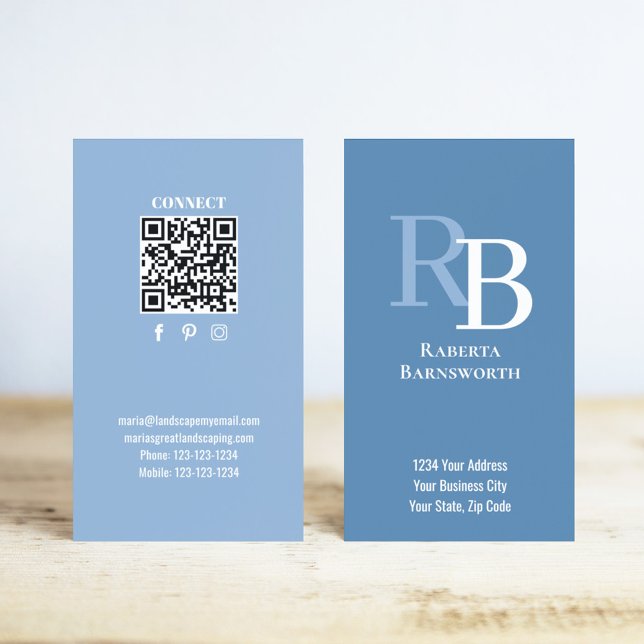 Carte De Visite Simple Monogram QR Code Blue | Connect with Me (Blue monogram business card template with a scannable QR code.)