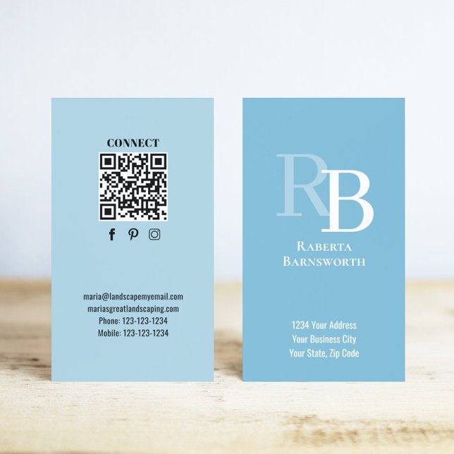 Carte De Visite Simple Monogram QR Code Blue | Connect with Me (Blue business cards with monogram and scannable QR code.)