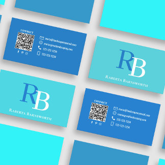 Carte De Visite Simple Monogram QR Code Blue | Connect with Me