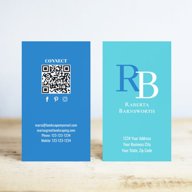 Carte De Visite Simple Monogram QR Code Blue | Connect with Me (Blue two tones monogram business card with a QR code.)