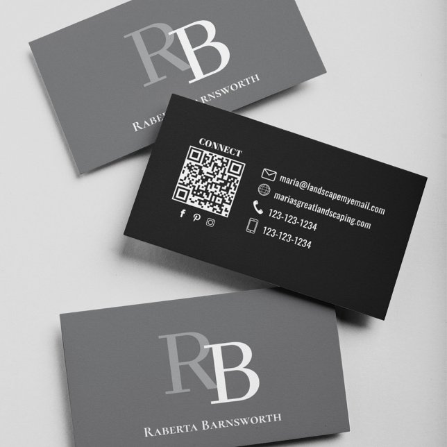 Carte De Visite Simple Monogram QR Code Grey | Connect with Me (Grey and black business card template. With a scannable QR code.)