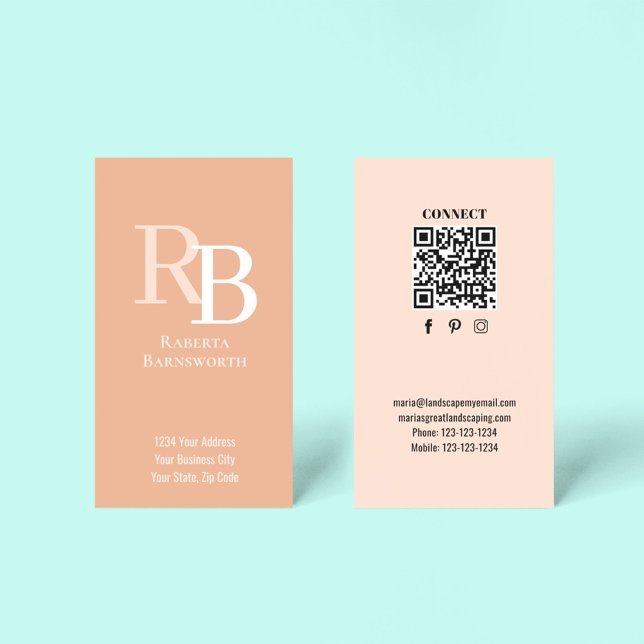 Carte De Visite Simple Monogram QR Code Peach | Connect with Me (Peach monogram business card template with a scannable QR code.)
