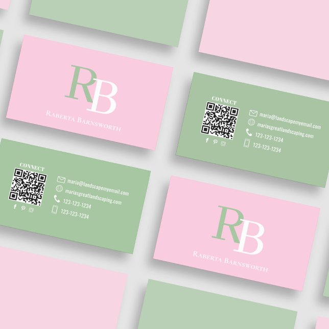 Carte De Visite Simple Monogram QR Code Pink | Connect with Me (Pink and green business card with simple monogram and QR code.)