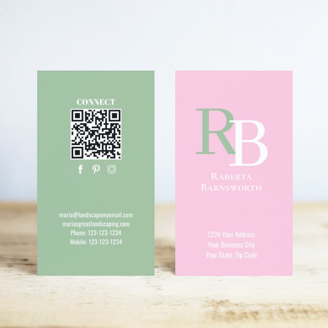 Carte De Visite Simple Monogram QR Code Pink | Connect with Me (Pink and green monogram business card template.)