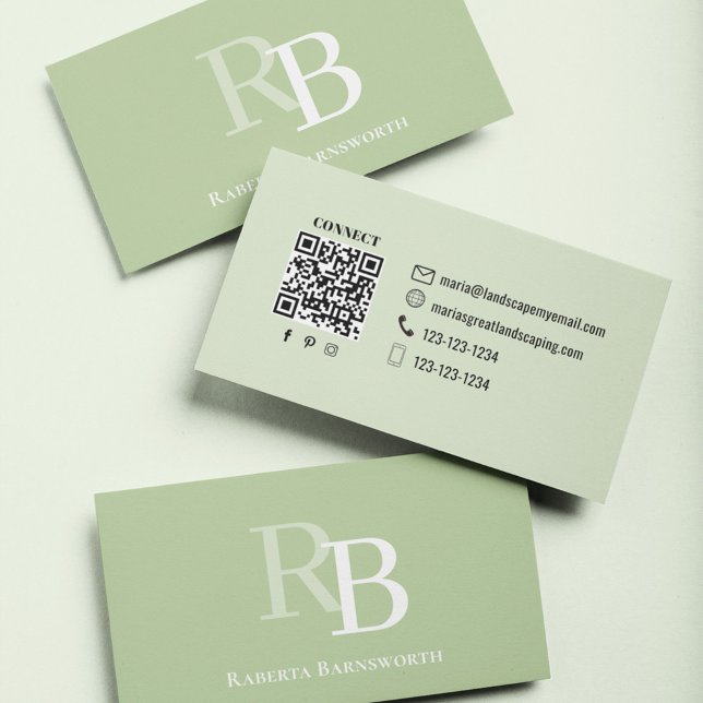 Carte De Visite Simple Monogramme Code QR Vert | Connectez-vous av (Green monogram business card with simple two toned design.)