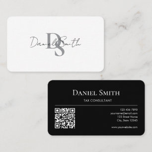 Carte De Visite Simple Monogramme Initial QRcode Noir Blanc Élégan
